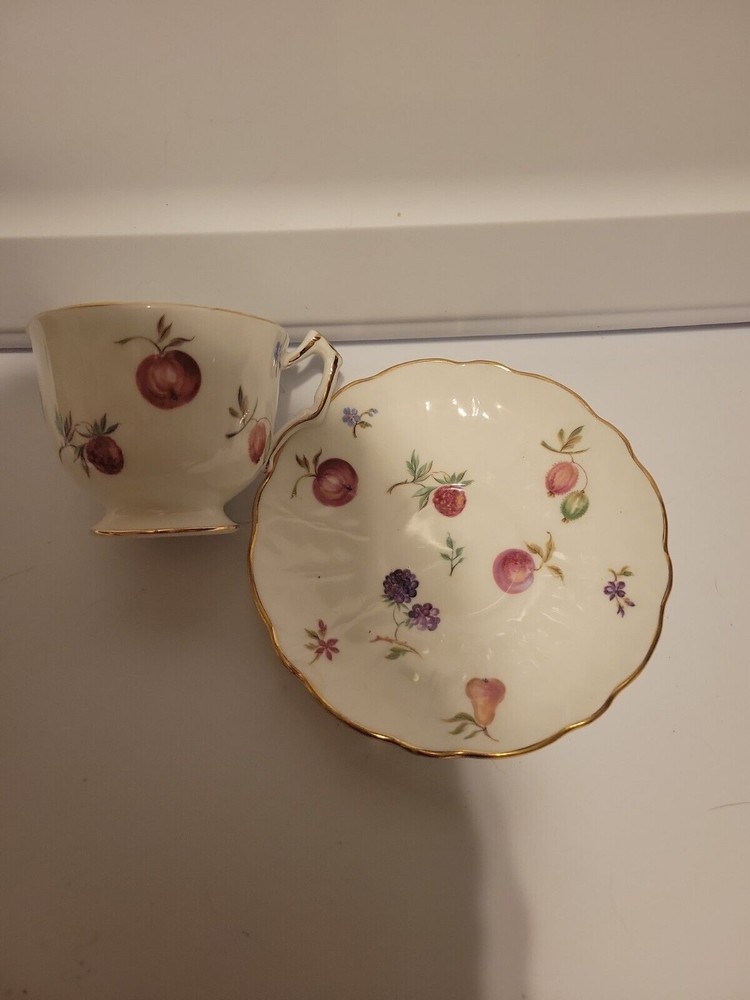 AYNSLEY FLORIDA CUP & SAUCER CROCUS Fruit Berries Teacup Vintage Bone China